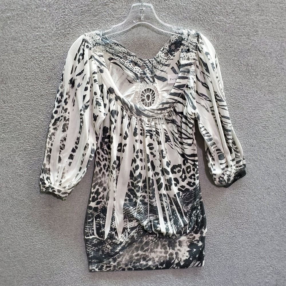 Design Works Women Dress Small White Leopard Print Mini‎ 3/4 Sleeve Scoop Neck